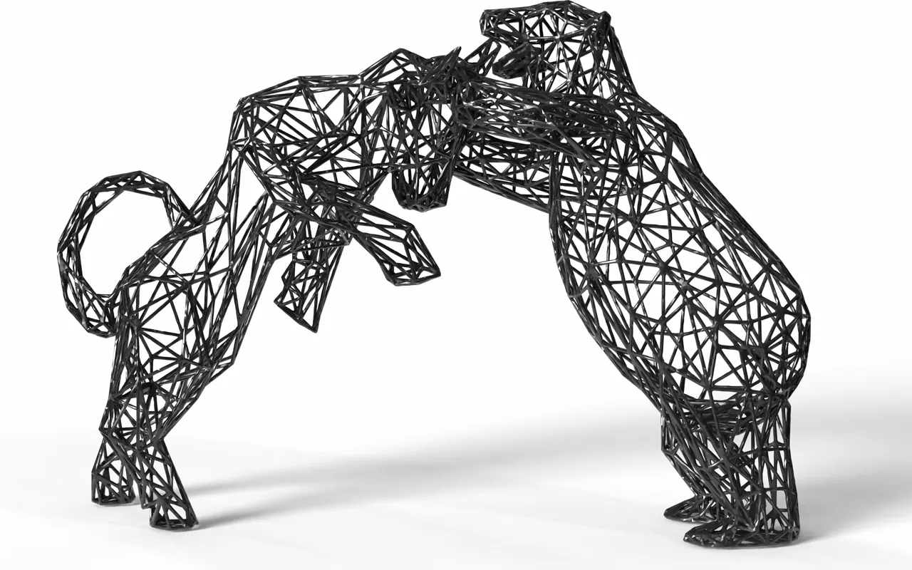 Black Bull and Bear wireframe sculpture viewed from an angle