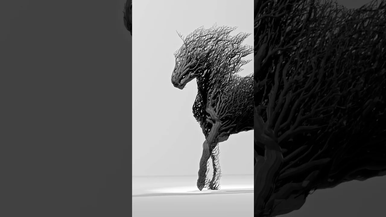 Black generative horse sculpture with root-like geometry