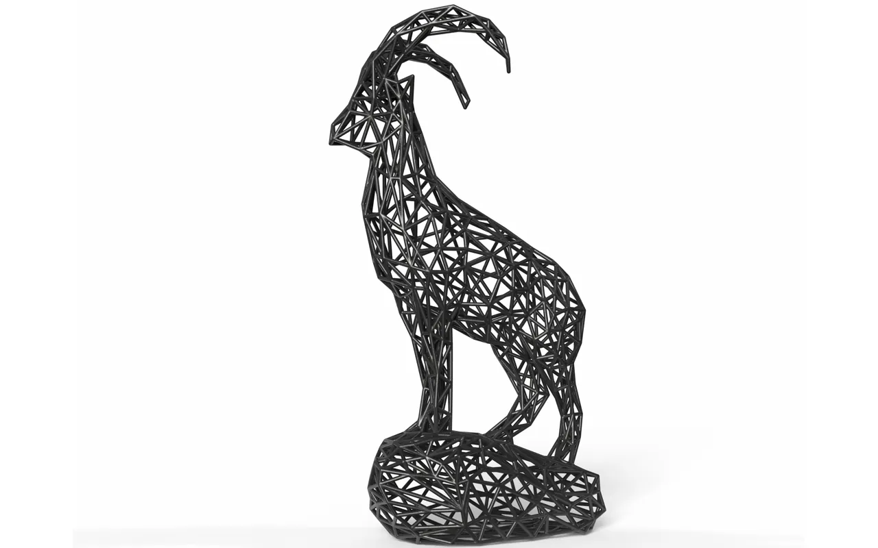 Black Steinbock wireframe sculpture on a geometric rock base