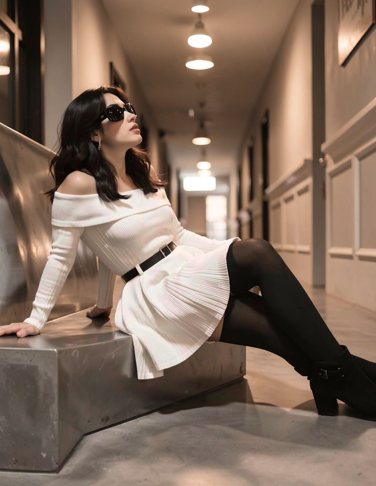 Character in a white ribbed dress seated in a corridor