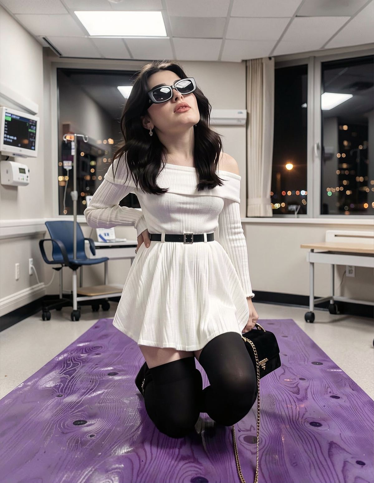 Character in a white ribbed dress kneeling in a clinical room