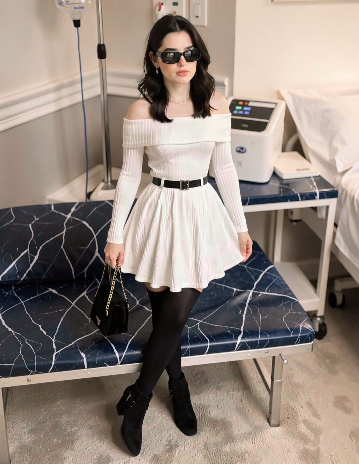 Character in a white ribbed dress standing in a clinical office