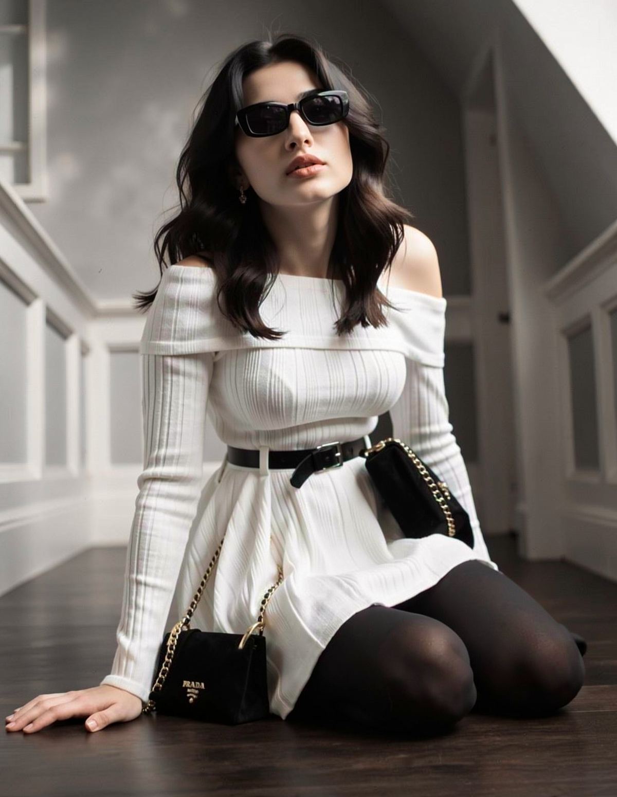 Full-body portrait in a white ribbed dress inside a clinical room
