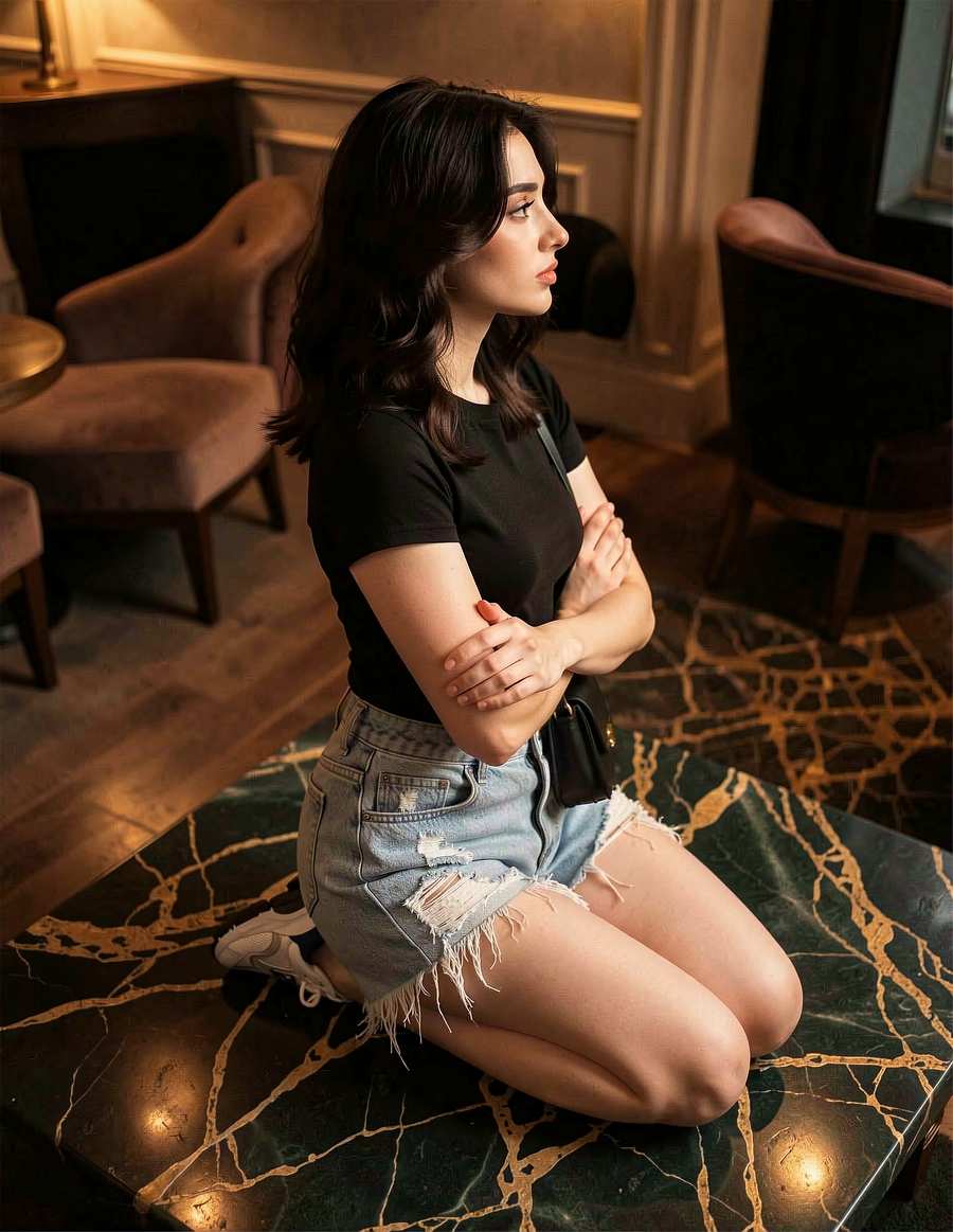 Character in black denim seated at a table