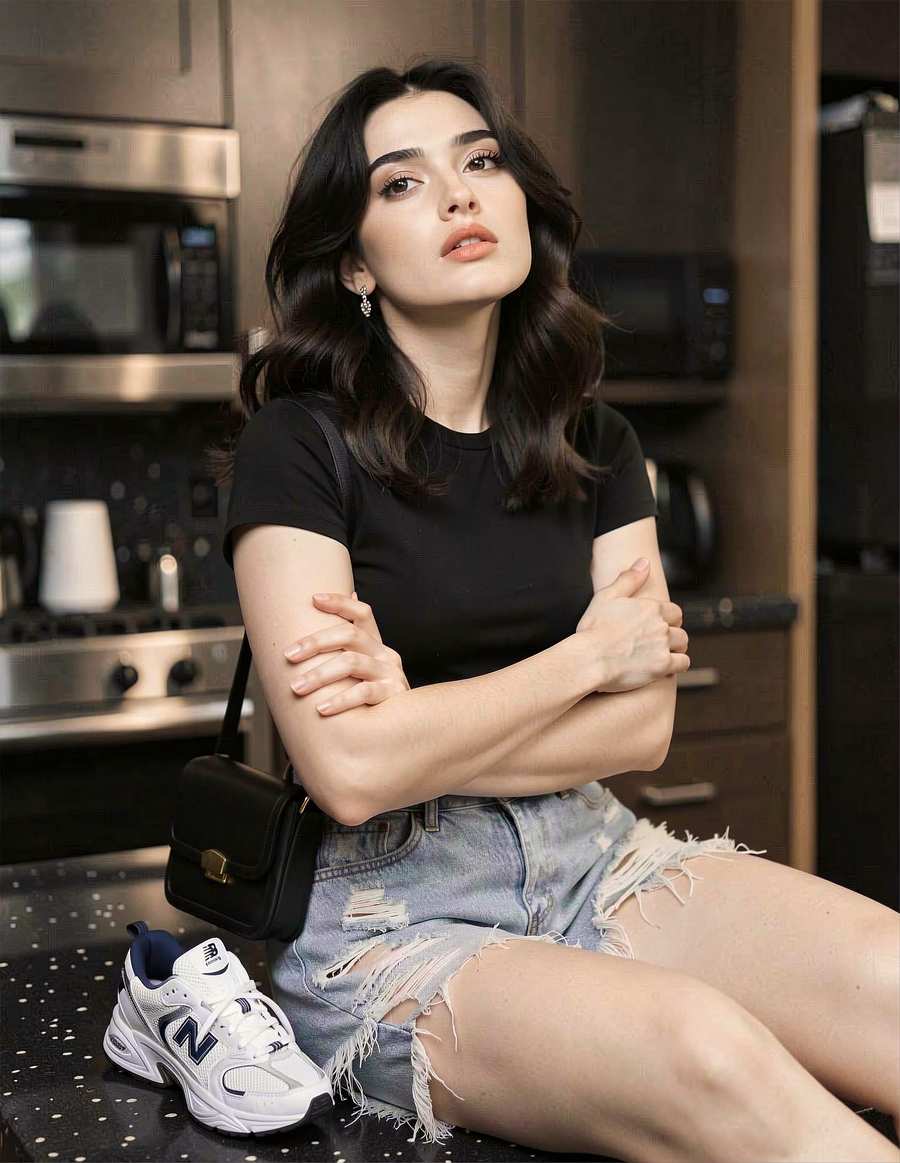 Black denim outfit pose emphasizing the sneaker detail