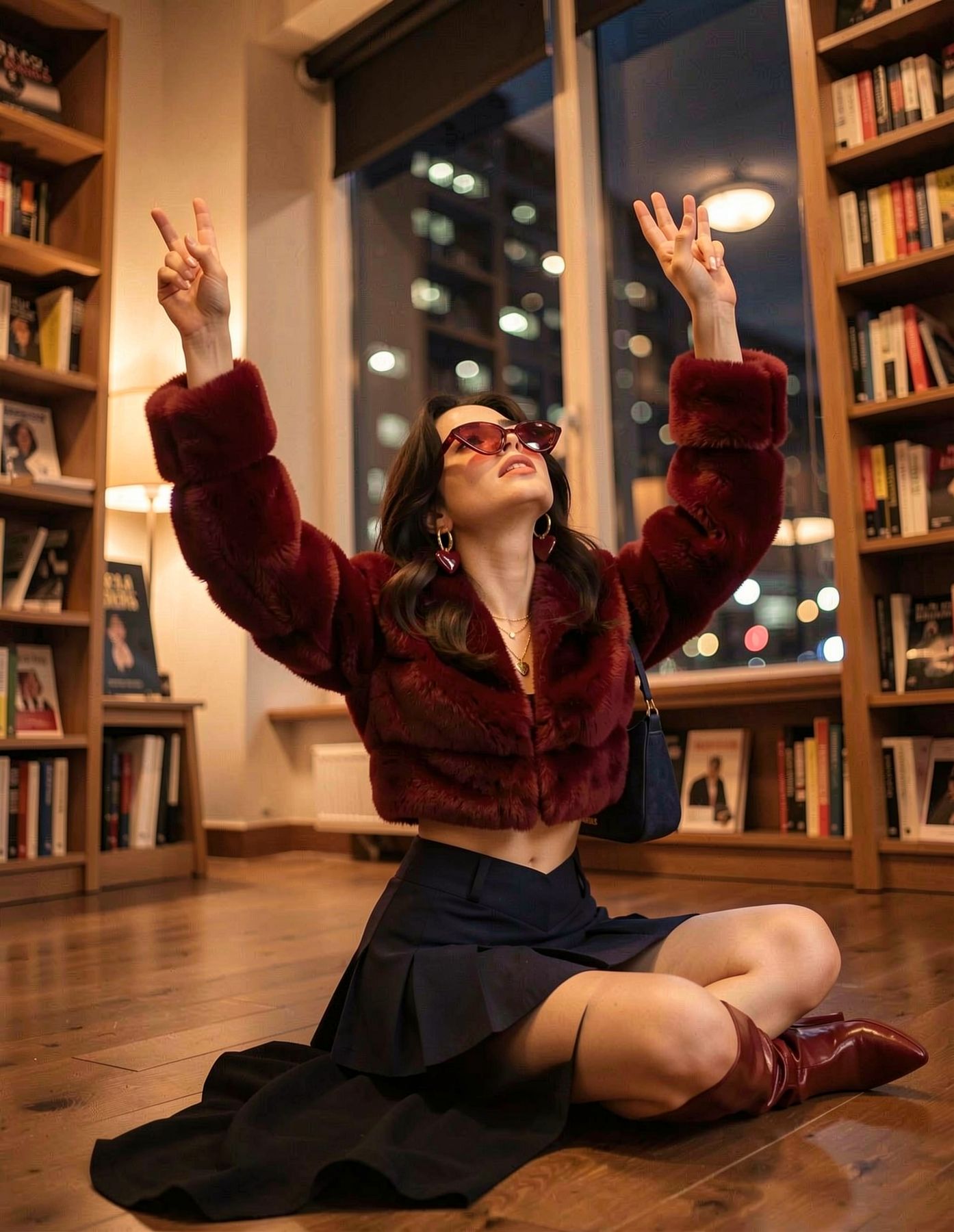 Character in a burgundy outfit posing by a library window
