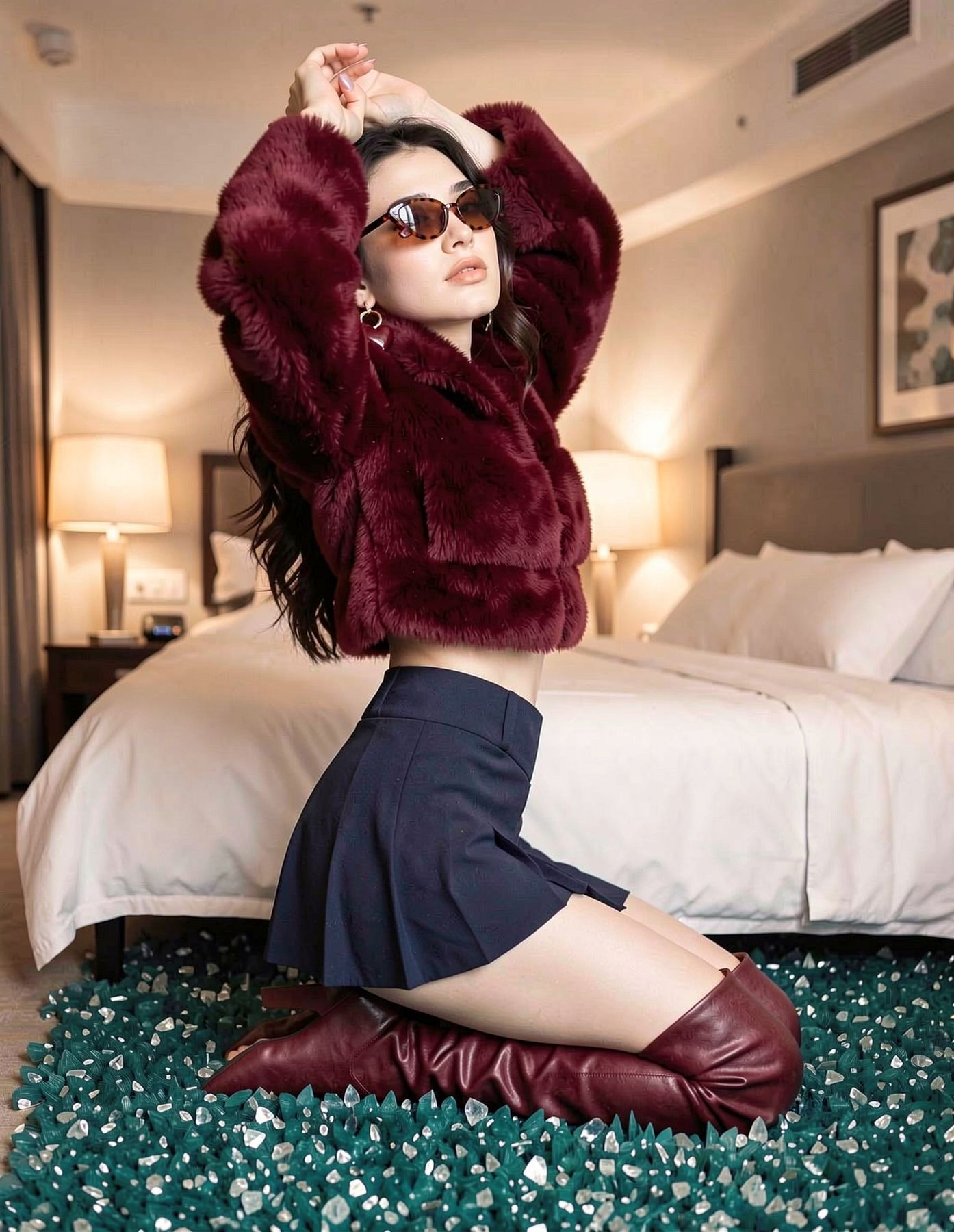 Bedroom editorial portrait in a burgundy outfit