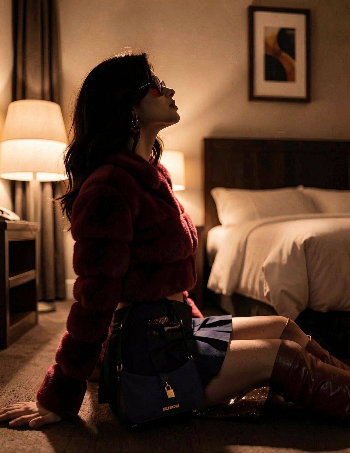 Side profile in a burgundy outfit inside a hotel room