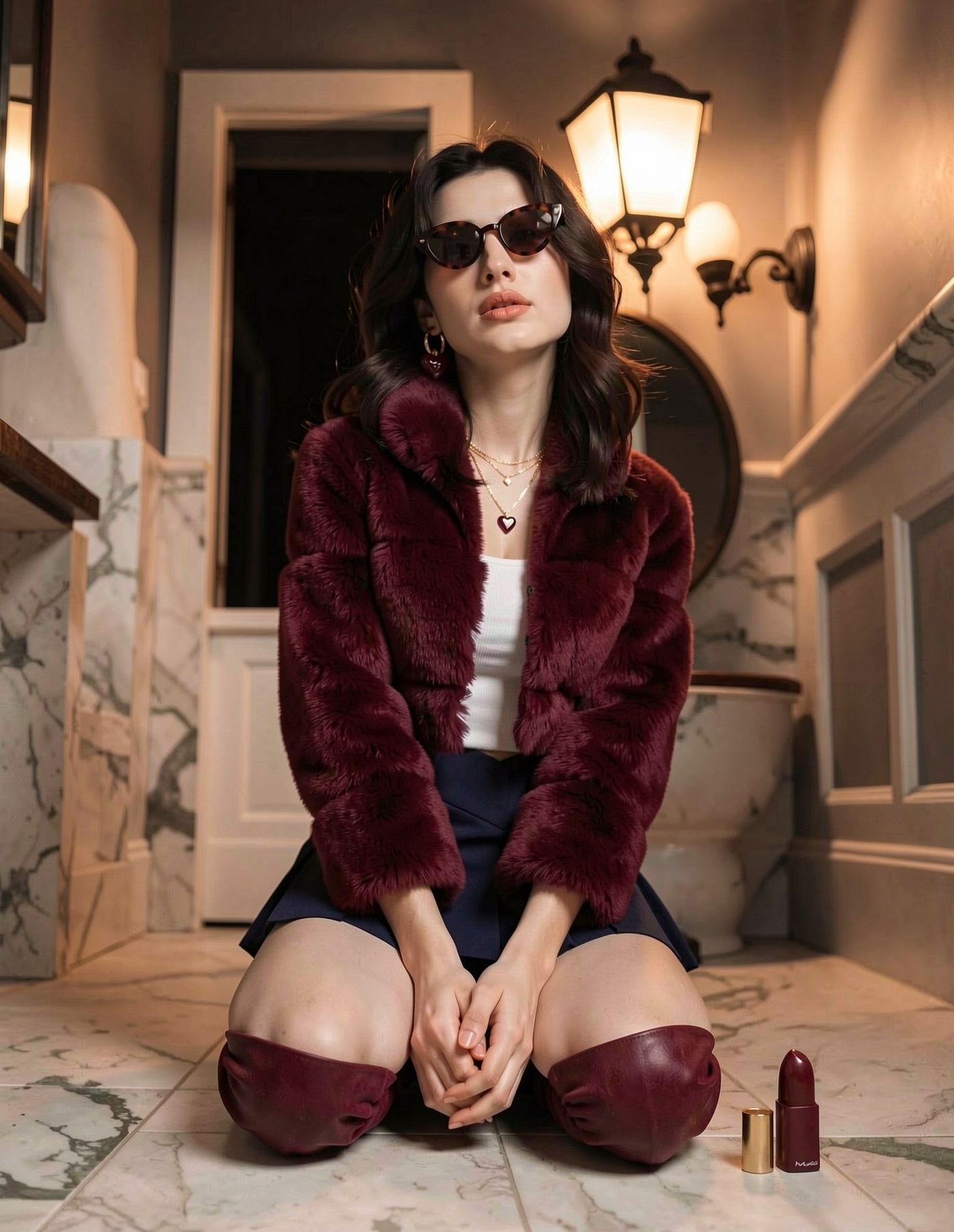 Character in a burgundy outfit kneeling in a marble hallway
