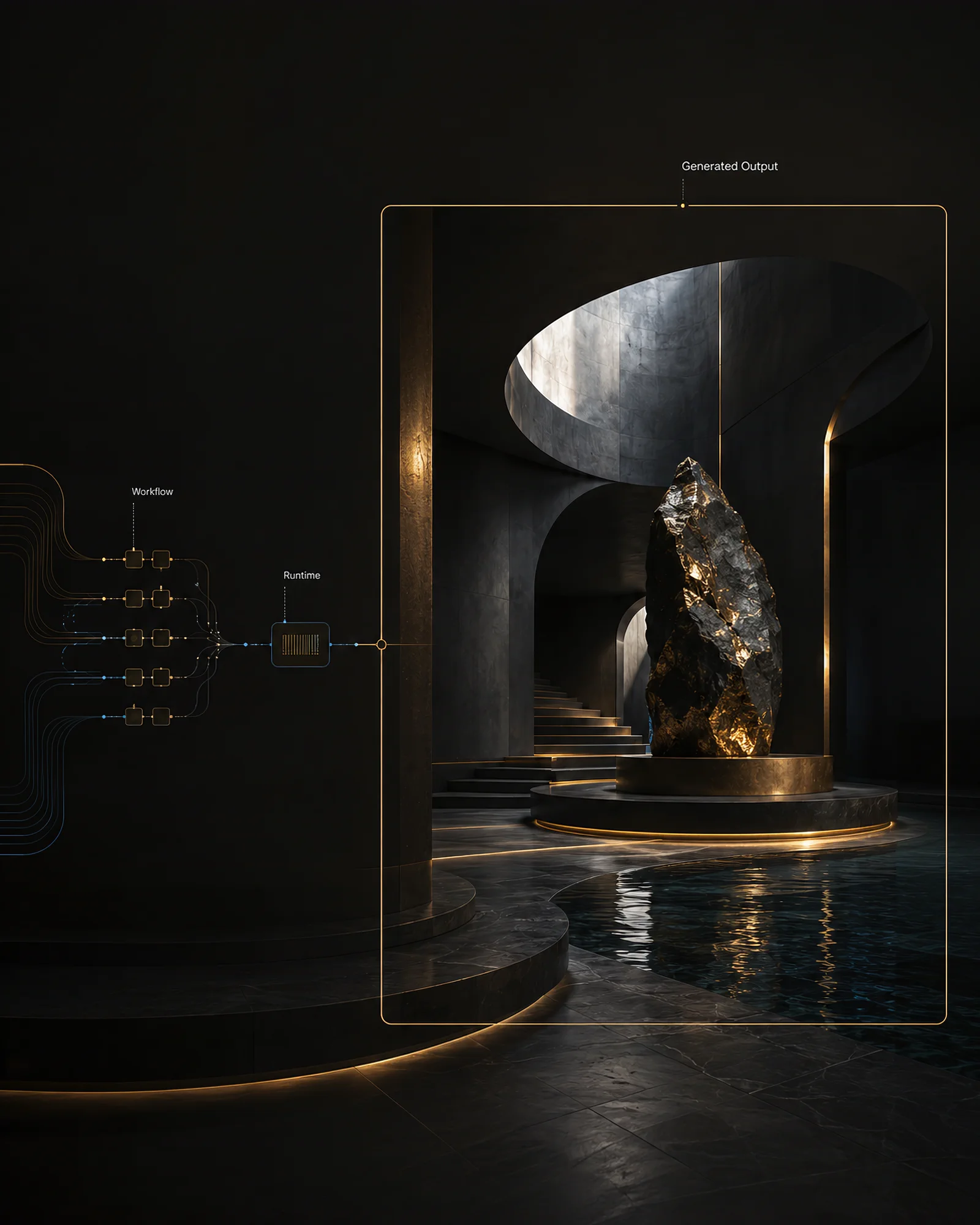 Comfy Rail generation runtime producing a dark architectural product scene