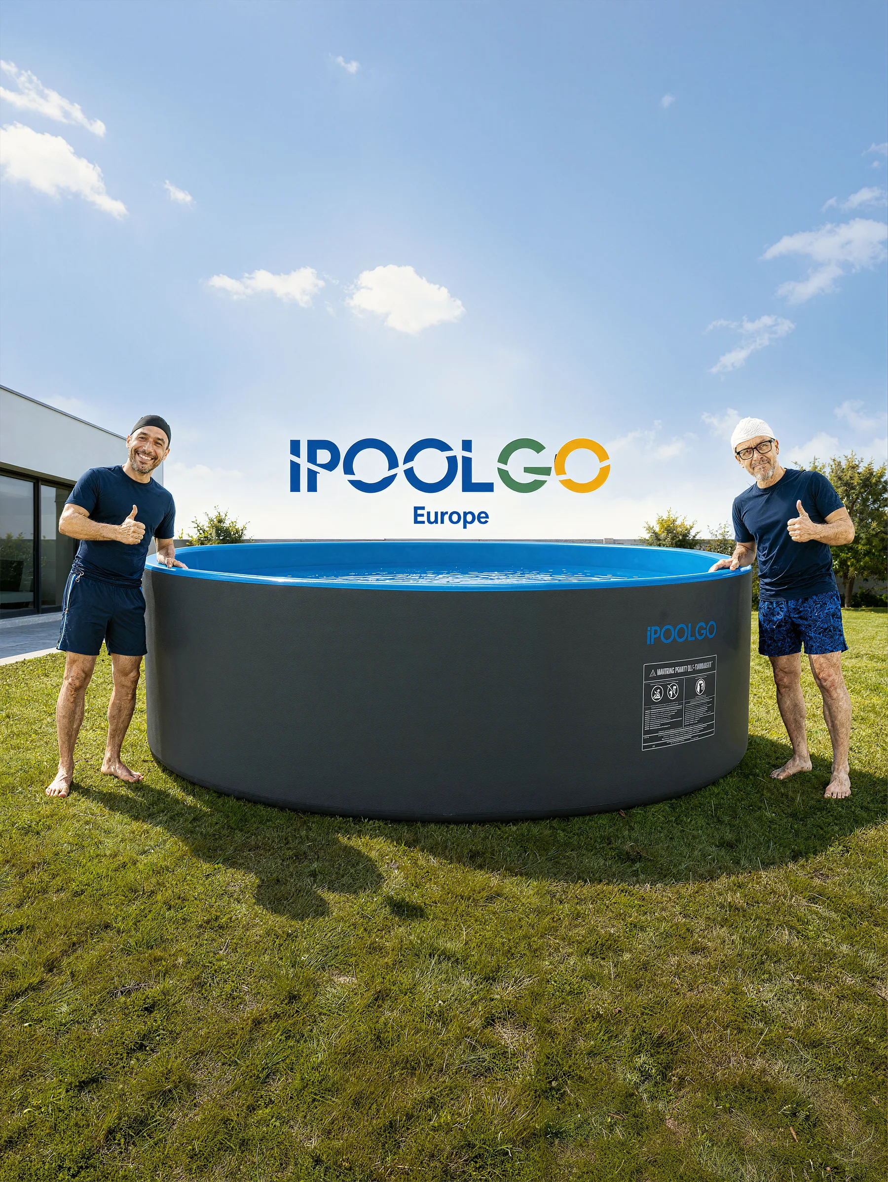 iPOOLGO Europe pool with two team members in a garden