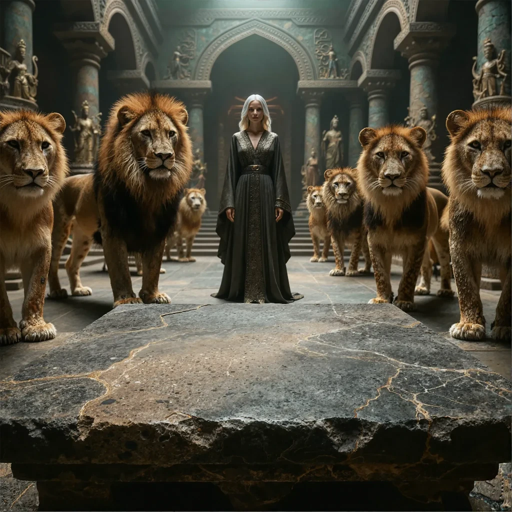 Empty dark stone slab in an ornate hall with lions surrounding a woman
