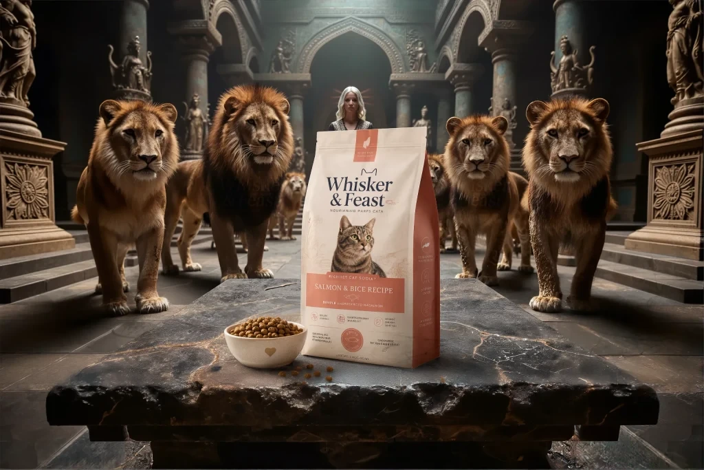 Cat-food product composition extended horizontally to reveal more of the lions and ornate hall