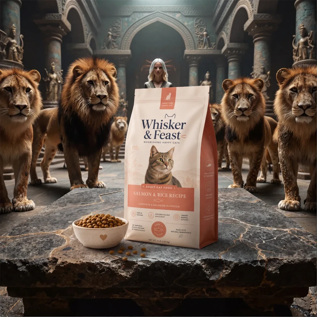 Whisker and Feast cat-food bag and bowl placed on the stone slab in the lion hall