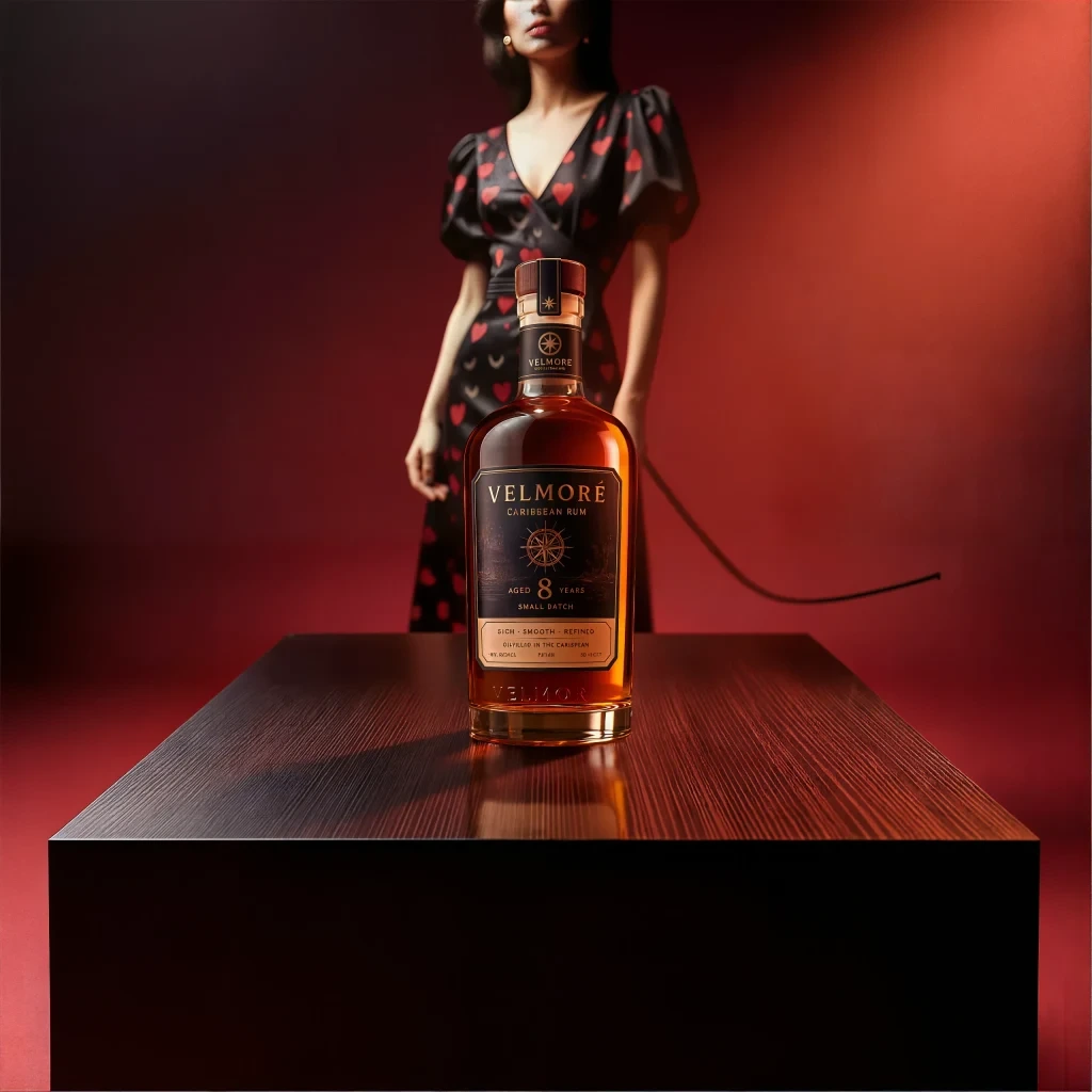 Velmore rum bottle on a dark wooden block against a red editorial scene