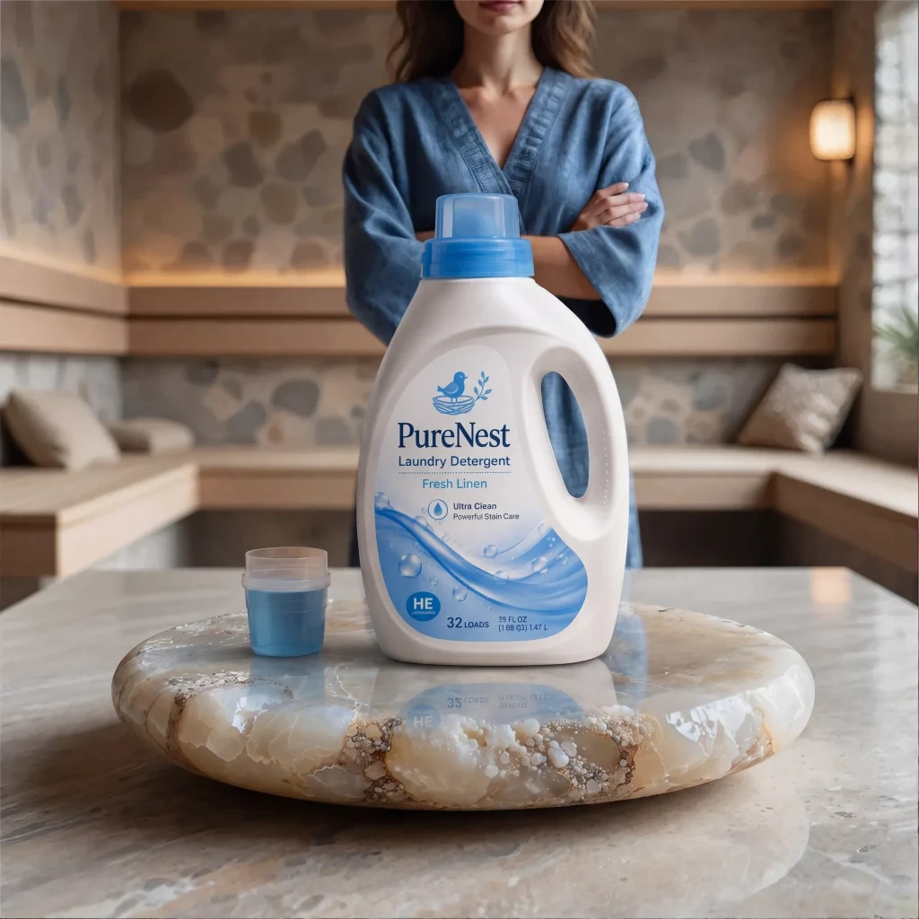PureNest detergent bottle and measuring cup on a polished stone surface in a spa setting