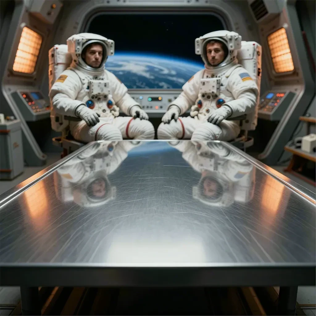 Empty reflective metal table in a spacecraft cabin with two astronauts and Earth beyond the window