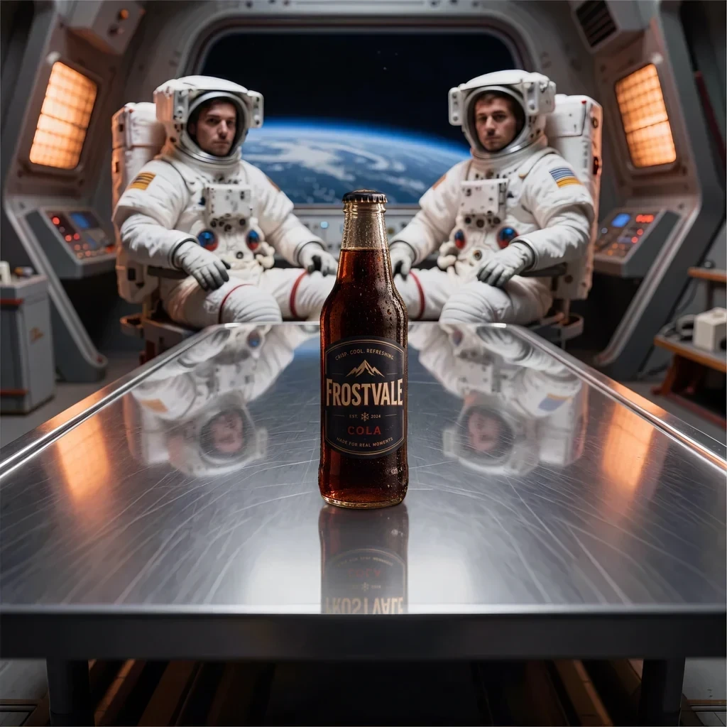Frostvale Cola bottle placed on the reflective table in the spacecraft scene