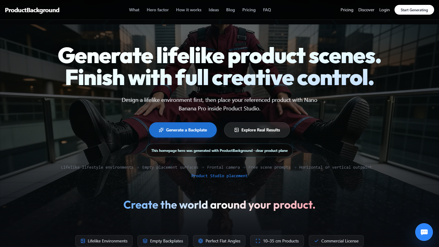 ProductBackground homepage introducing scene generation and Nano Banana Pro placement in Product Studio